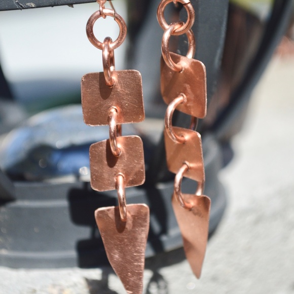 Tribal Solid Copper Rustic Drop Earrings Primitive - Picture 2 of 7